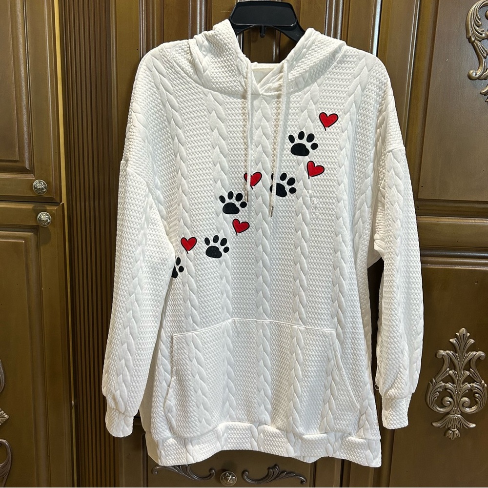 Cozy White Hoodie with Paw and Heart Design